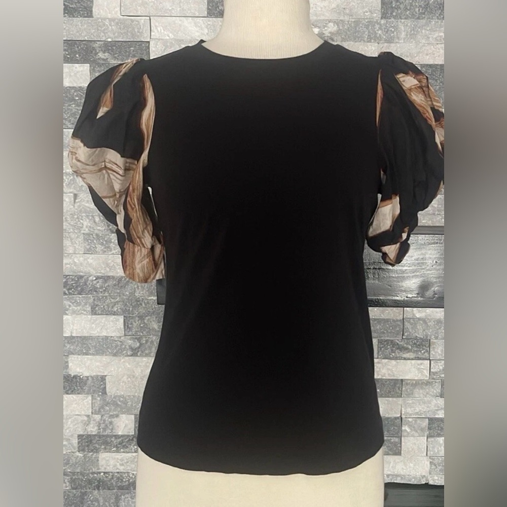 Dkny Black Top with Brown Patterned Puff Sleeves